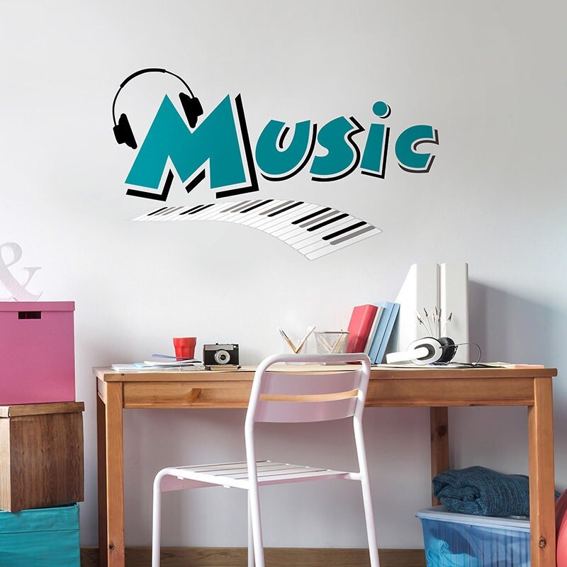 Autocollant mural musical, autocollant mural pour piano, décoration murale musicale pour chambre d'adolescent, piano musical, autocollant mural pour groupe de rock, autocollant mural pour musique Rock n Roll