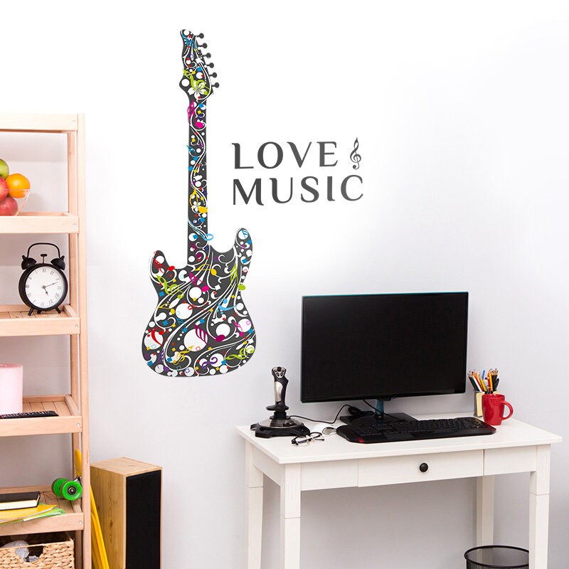 Wandtattoo Musik, Wandtattoo Gitarre, Wanddeko Gitarre fürs Jugendzimmer, Musik Vinyl Schriftzug, Wandtattoo Rockband, Wandtattoo Musik Zitat