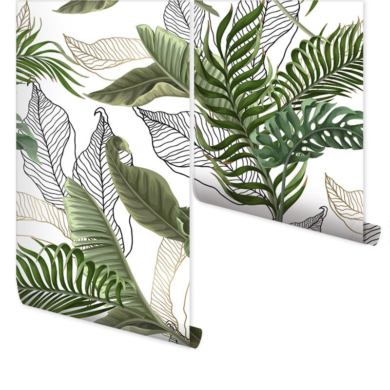 Tropic Leaves Wallpaper, Palm Leaves Wallpaper, Green Tropical Leaves Wallpaper, Banana Leaves Botanical Repositionable Fabric Wallpaper