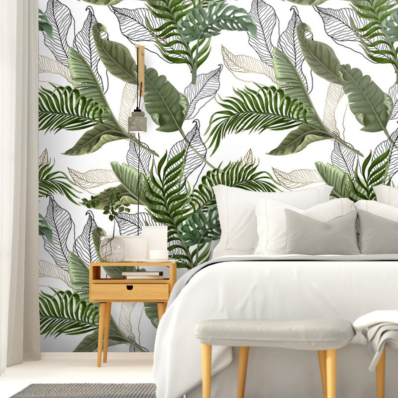 Tropic Leaves Wallpaper, Palm Leaves Wallpaper, Green Tropical Leaves Wallpaper, Banana Leaves Botanical Repositionable Fabric Wallpaper