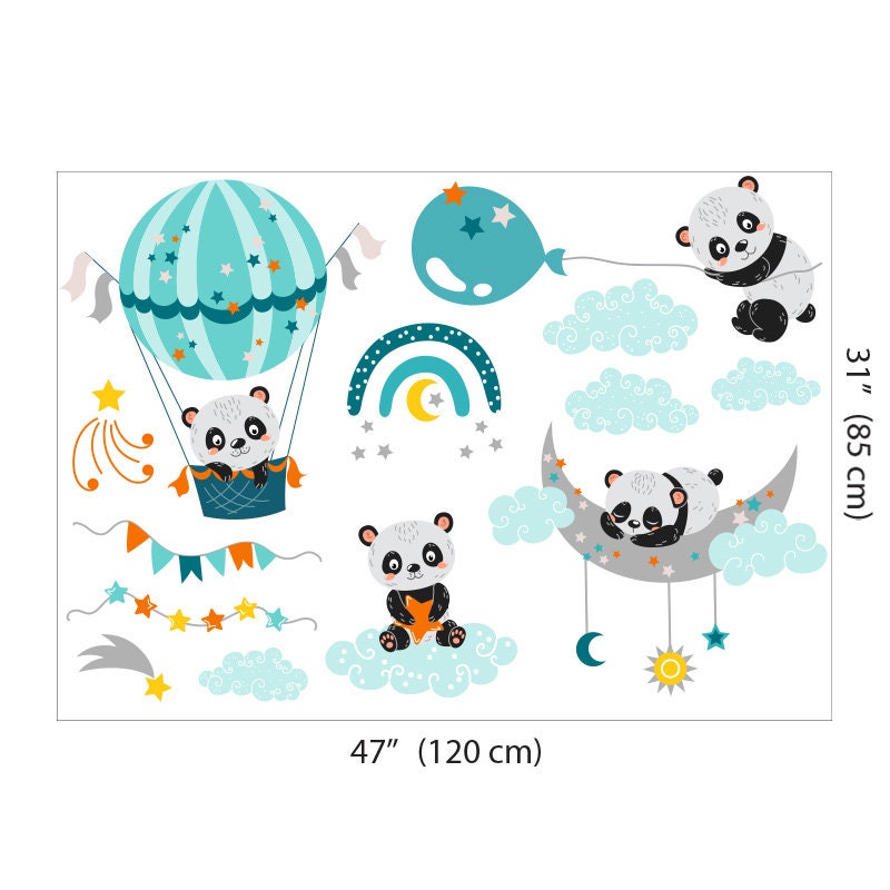 Cute Pandas with Air Balloons Balloon and Clouds, Rainbow Decal, Air balloon Decal Sticker, Moon and Stars Kids Nursery Baby Room Decor