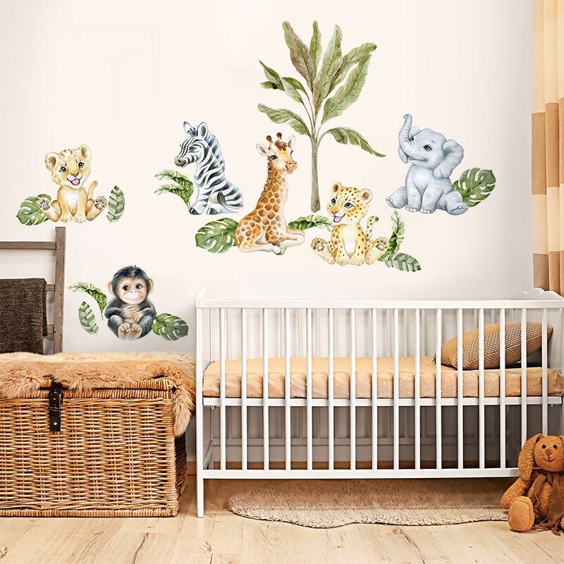 Safari Baby Animals Wall Decal, Jungle Wall Decal Sticker, Safari Animals Wall Decal, Watercolor Jungle Nursery Decor, Giraffe Lion Monkey