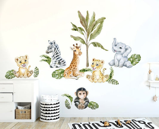 Autocollant mural pour bébé animaux de safari, autocollant mural pour la jungle, autocollant mural pour animaux de safari, décoration de chambre d'enfant aquarelle jungle, girafe lion singe