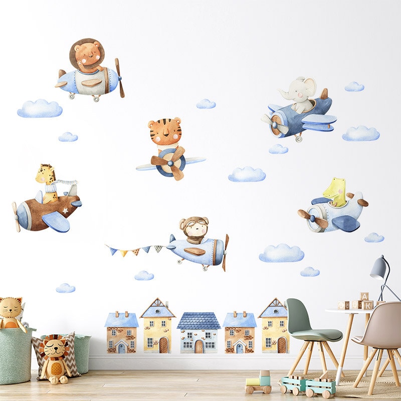 Airplanes with Animals Wall Decal, Airplanes and Cute Animals Wall Sticker for Kids Room, Watercolor Airplanes and Clouds with Animals Decal