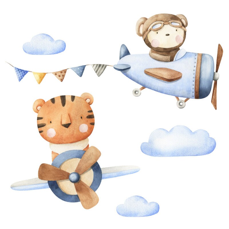 Airplanes with Animals Wall Decal, Airplanes and Cute Animals Wall Sticker for Kids Room, Watercolor Airplanes and Clouds with Animals Decal