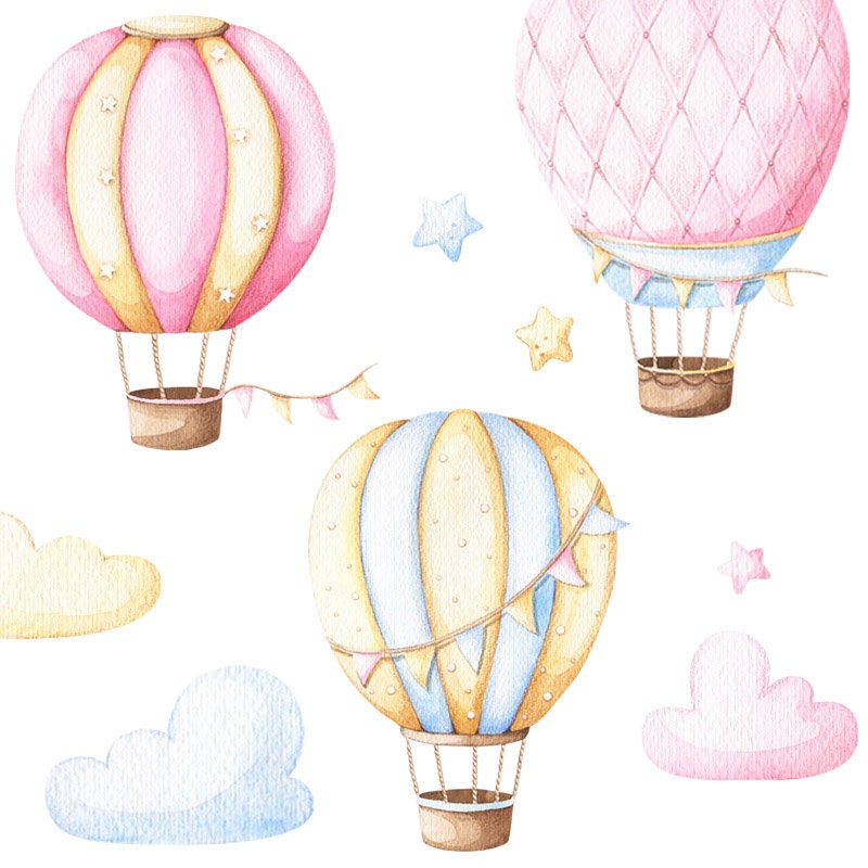 Pink Air Balloons Wall Decal, Hot Air Balloons Clouds Wall Decal Sticker Wall Decor, Air Balloons Girls Nursery Room Decor Wall Art