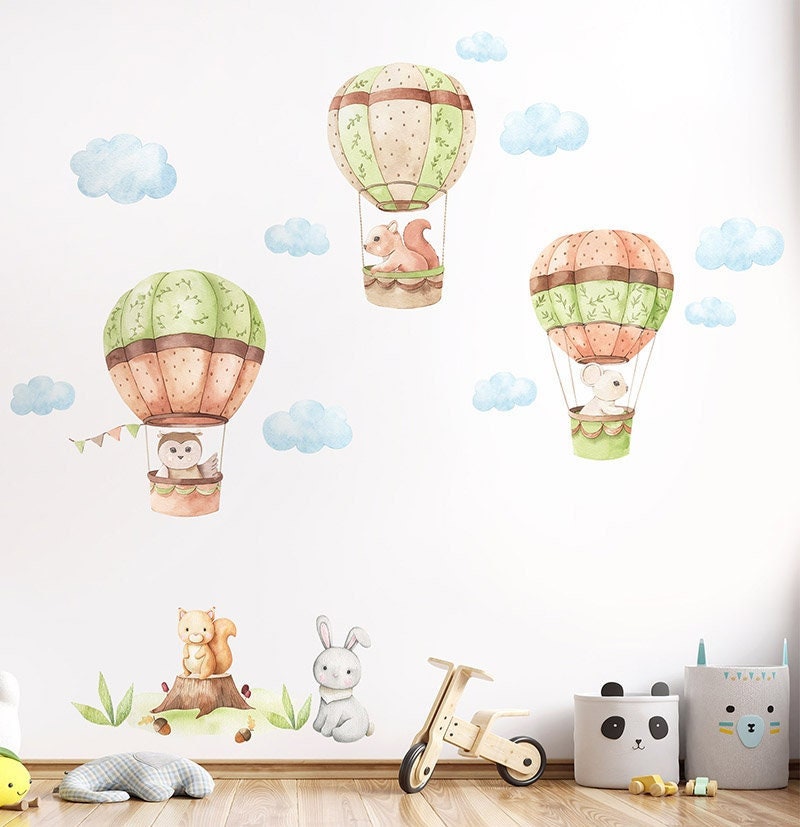 Air Balloons and Woodland Animals Wall Decal, Forest Animals Wall Sticker, Owl Bunny Squirrel Wall Decal for Kids Nursery Baby Room Decor