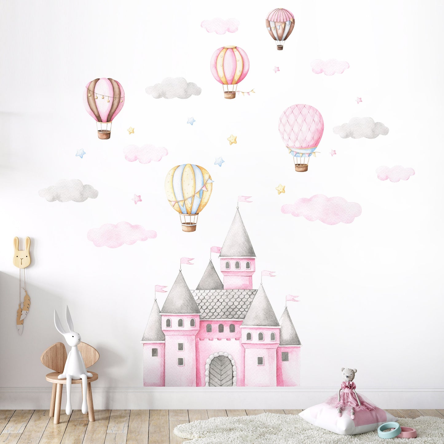 Castle Wall Decal Sticker, Hot Air Balloons Wall Decal, Fairy Tales Wall Decal, Stars and Clouds Girls Nursery Room Decor Wall Art