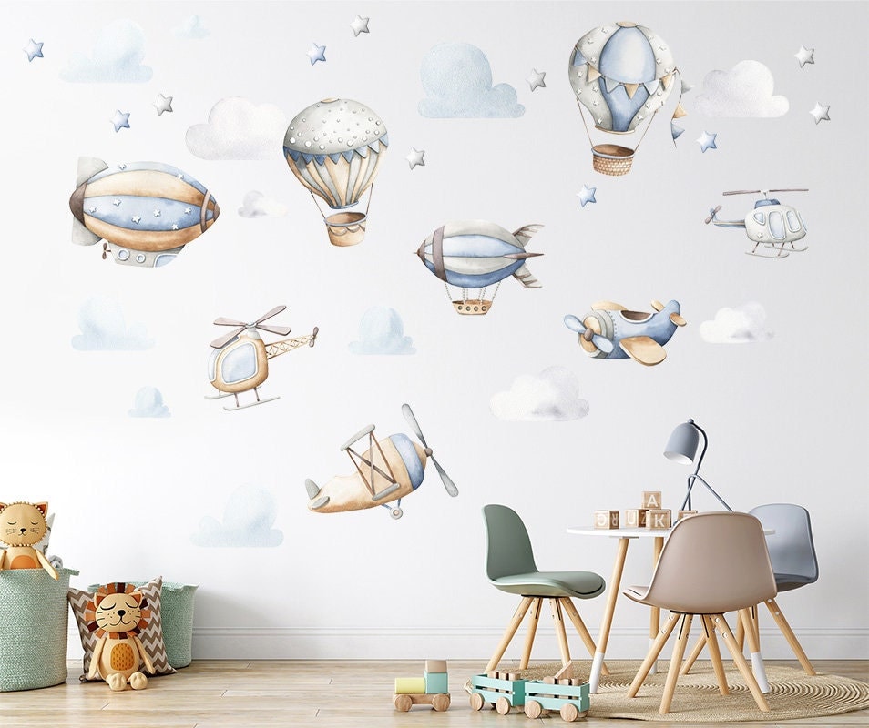 Air Transportation Wall Decal, Hot Air Balloons Wall Decal, Airplanes Helicopters Wall Decal, Zeppelins Wall Sticker for Kids Room Decor