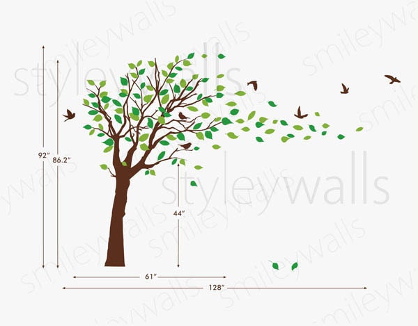 Tree decal Wall Sticker Tree with Birds and leaves blowing in the Wind - EXTRA LARGE Vinyl Wall Decal Sticker Nursery Kids Baby Children