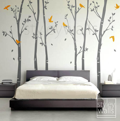 Tree wall decals Winter trees decal Birds nature Forest Trees with Birds Home Decor Set of 6 Vinyl Wall Decal Nursery Baby children Sticker