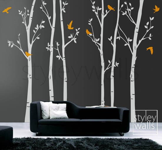 Tree wall decals Winter trees decal Birds nature Forest Trees with Birds Home Decor Set of 6 Vinyl Wall Decal Nursery Baby children Sticker