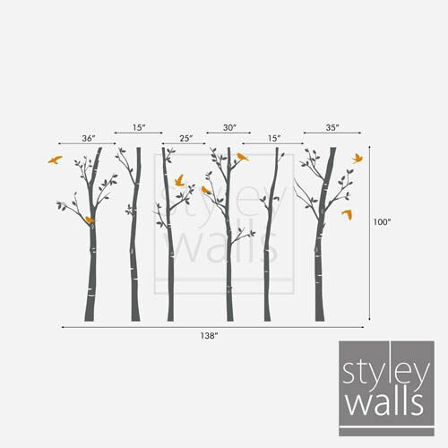 Tree wall decals Winter trees decal Birds nature Forest Trees with Birds Home Decor Set of 6 Vinyl Wall Decal Nursery Baby children Sticker