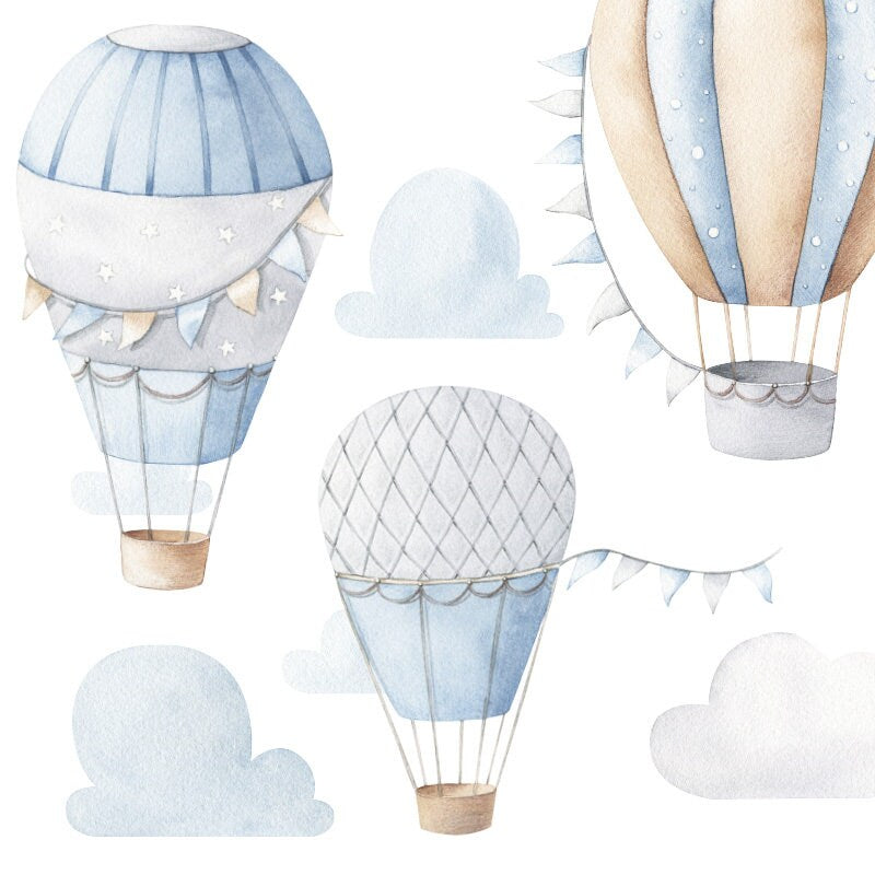 Blue Air Balloons Wall Decal, Hot Air Balloons Clouds Wall Decal Sticker Air Balloons Boys Nursery Room Decor Wall Art, Nursery Wall Decor