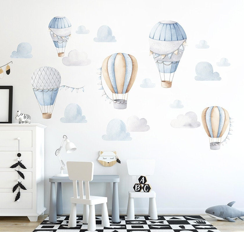 Blue Air Balloons Wall Decal, Hot Air Balloons Clouds Wall Decal Sticker Air Balloons Boys Nursery Room Decor Wall Art, Nursery Wall Decor