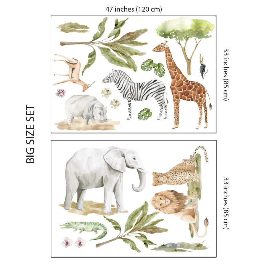 Safari Wandtattoa, Dschungeltiere Wandtattoa, Wandsticker Set für Kinderzimmer, Junge, Afrikanische Tiere, Aquarell Aufkleber Set fürs Kinderzimmer