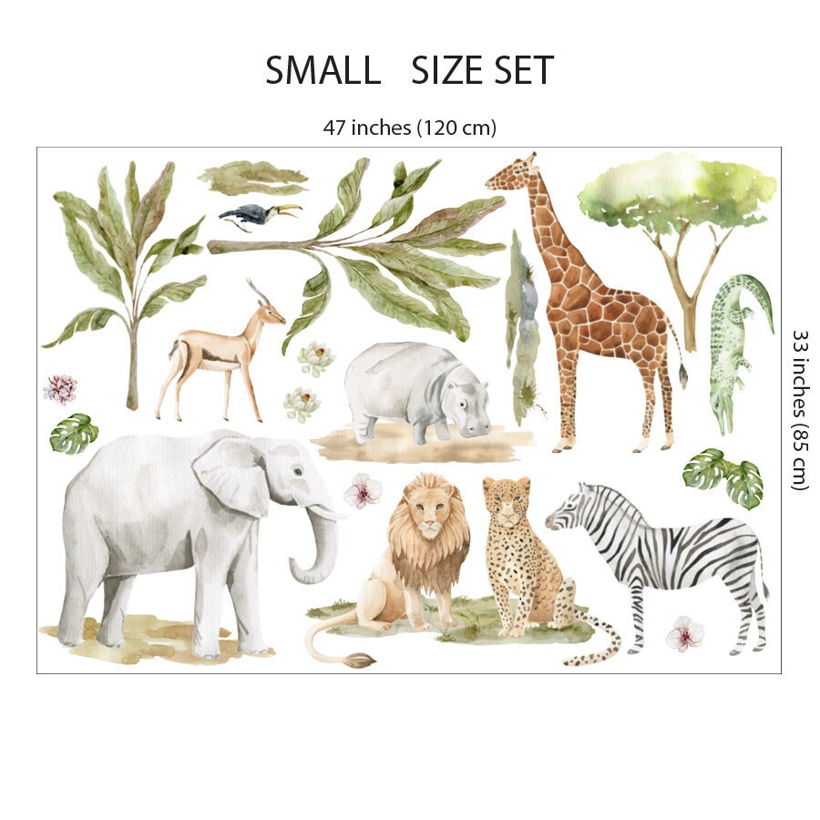 Safari Wandtattoa, Dschungeltiere Wandtattoa, Wandsticker Set für Kinderzimmer, Junge, Afrikanische Tiere, Aquarell Aufkleber Set fürs Kinderzimmer