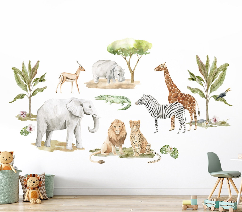 Safari Wandtattoa, Dschungeltiere Wandtattoa, Wandsticker Set für Kinderzimmer, Junge, Afrikanische Tiere, Aquarell Aufkleber Set fürs Kinderzimmer