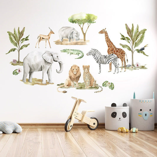 Autocollant mural Safari, autocollant mural animaux de la jungle, ensemble d'autocollants muraux pour chambre d'enfant, ourson, animaux africains, ensemble d'autocollants aquarelle pour chambre d'enfant