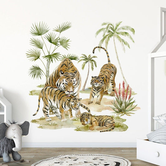 Sticker mural famille de tigres, sticker mural safari, sticker mural animaux de la jungle, sticker mural ourson, sticker mural pour chambre d'enfant, crèche, animaux africains