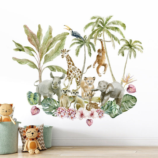 Autocollant mural tropical, autocollant mural animaux de la jungle, autocollant mural animaux de safari, autocollant mural aquarelle pour chambre d'enfant, crèche, animaux exotiques