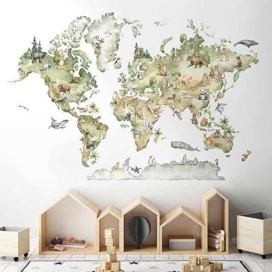 World Map Wall Decal, Animals World Map Wall Sticker for Kids Room Decor, Watercolor World Map Wall Decor, Continents World Map Decal