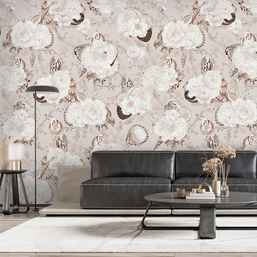 Tropical Water Wallpaper, Seashells Wallpaper, Tropical Seashells Pattern Wallpaper, Self Adhesive Repositionable Fabric Wallpaper