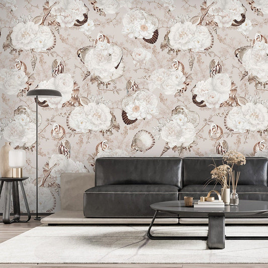 Tropical Water Wallpaper, Seashells Wallpaper, Tropical Seashells Pattern Wallpaper, Self Adhesive Repositionable Fabric Wallpaper