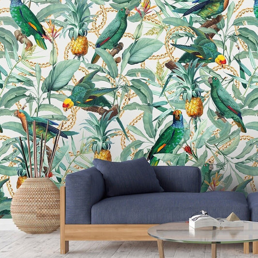 Tropical Wallpaper, Toucans Wallpaper, Toucan Birds Floral Wallpaper, Exotic Birds Wallpaper, Repositionable Fabric Self Adhesive Wallpaper