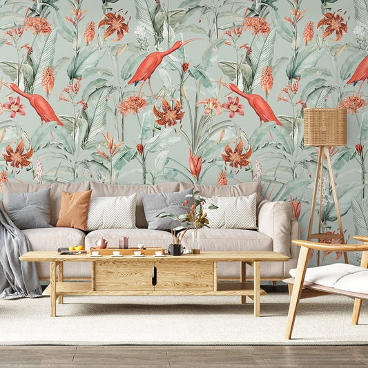 Tropical Wallpaper, Ibisa Birds Wallpaper, Tropical Birds Flowers Leaves Wallpaper, Repositionable Fabric Wallpaper, Floral Self Adhesive