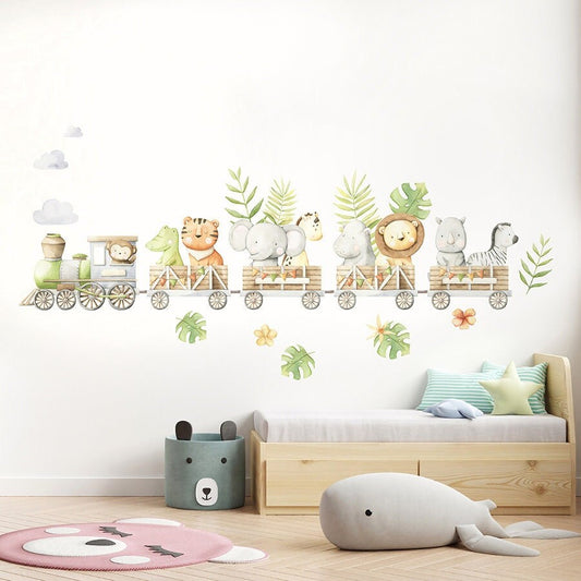 Autocollant mural train, autocollant mural animaux de safari, autocollant mural animaux de la jungle, autocollant mural animaux de safari, décoration de chambre d'enfant jungle aquarelle