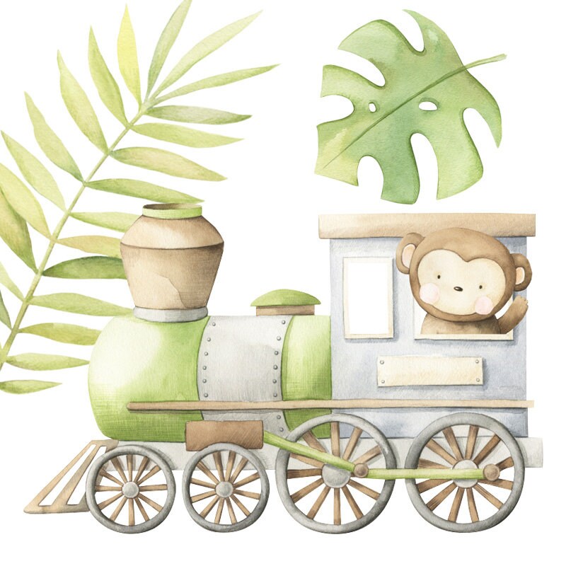 Train Wall Decal, Safari Animals Wall Decal, Jungle Animals Wall Decal, Safari Animals Wall Sticker, Watercolor Jungle Nursery Decor