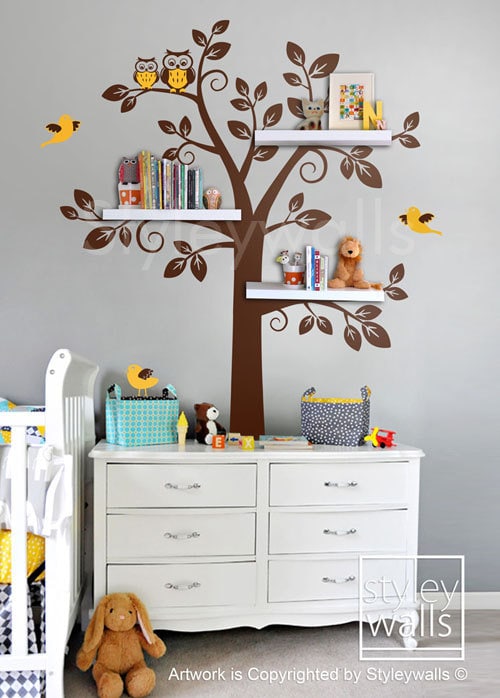 Owls Tree Wall Decal, Shelves Tree Wall Decal Nursery Decal Wall Sticker, Shelving Tree and Owls Wall Decal, Owls Tree Decal Sticker