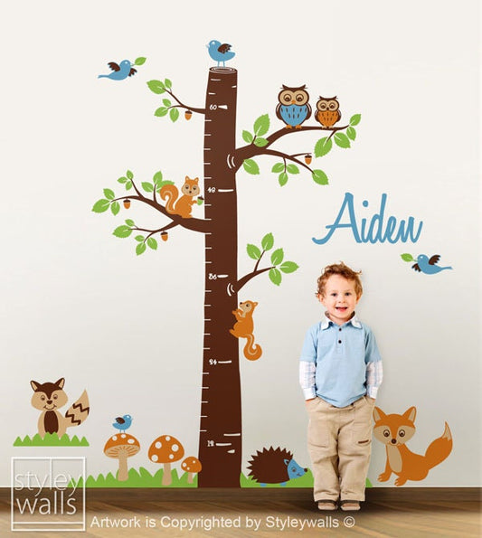 Woodland Animals Wall Decal, Personalized Growth Chart Nursery Wall Decal Kids Vinyl Wall Decal Baby Room Decor Fox Owls Racoon Squirrels