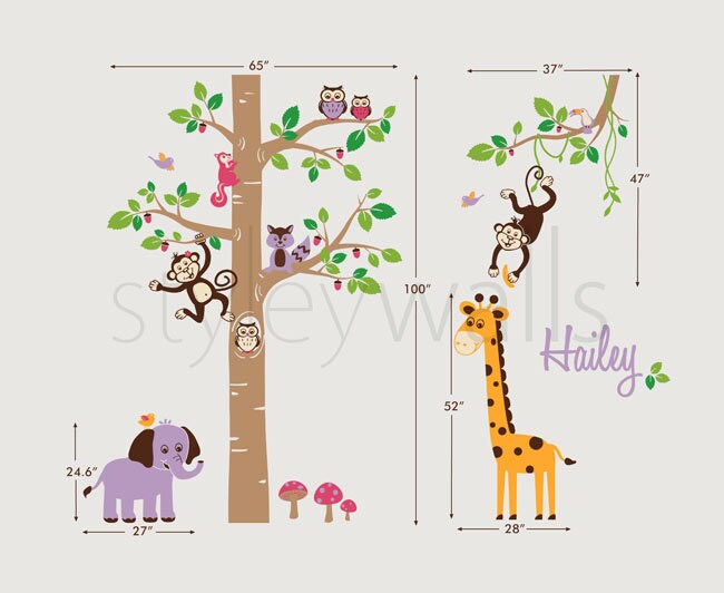 Autocollant mural animaux de la jungle, autocollant mural animaux de safari, autocollant mural arbre, autocollant mural personnalisé pour chambre de bébé, salle de jeux pour enfants