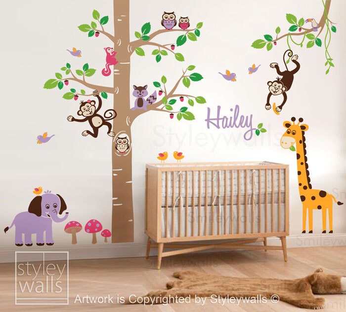 Autocollant mural animaux de la jungle, autocollant mural animaux de safari, autocollant mural arbre, autocollant mural personnalisé pour chambre de bébé, salle de jeux pour enfants