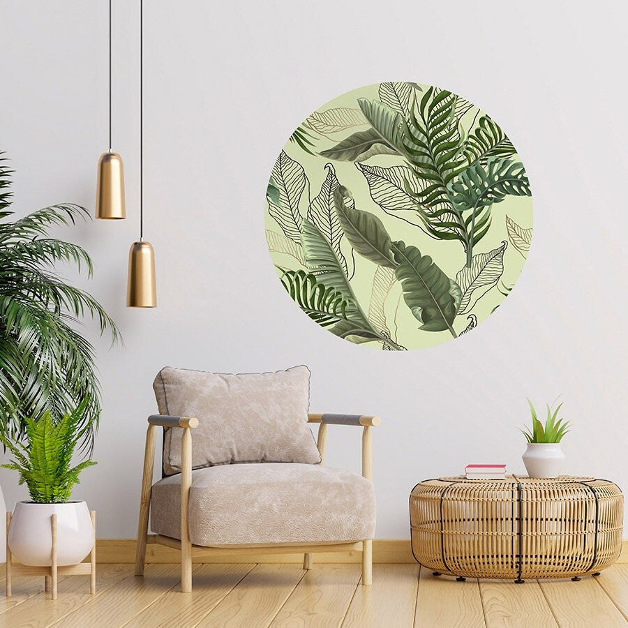 Circle Wall Decal, Circle Wall Sticker, Tropical Leaves Wall Decal, Green Leaf Abstract Wall Decal, Home Styling Wall  Art, Lines Wall Art