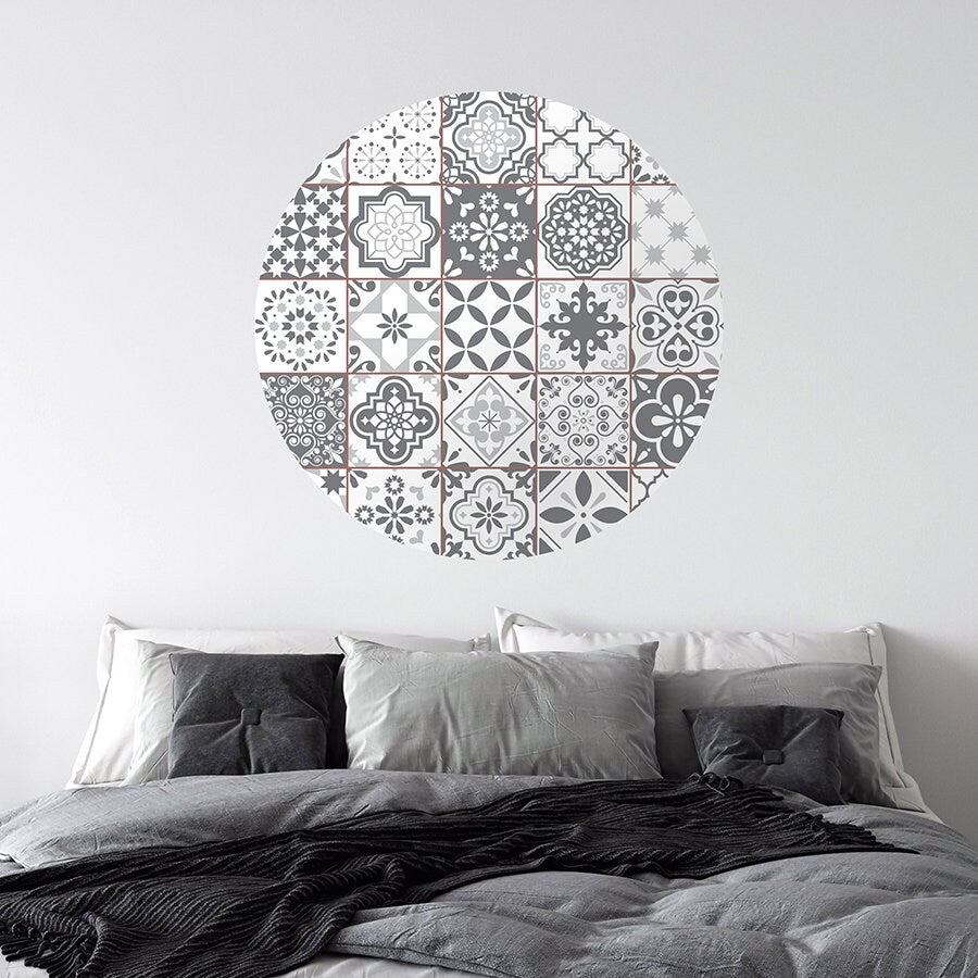 Lisbon Tiles Black and White Wall Decal, Circle Wall Decal, Circle Wall Sticker,  Geometric Azulejo Wall Decal, Moroccan Tiles Wall Decal