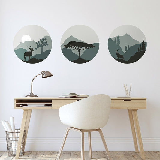 Circles Wall Decal, Sphere Posters, Modern Shapes Wall Sticker, Abstract Wall Decal, Mountains View Room Decor, Animals Silhouette Wall