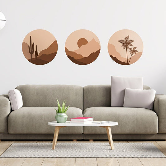 Circles Wall Decal, Sphere Posters, Animals Silhouette Wall Decal, Cactus Wall Sticker, Abstract Wall Decal, Desert View Room Decor