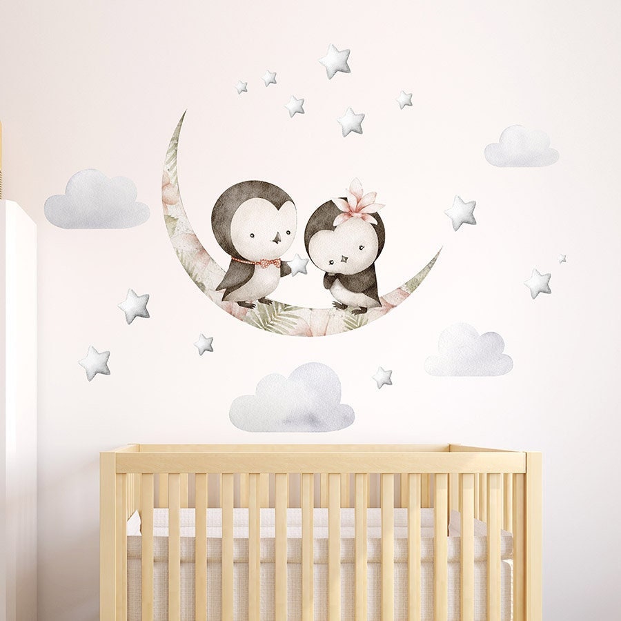 Penguins Wall Decal, Moon and Stars Wall Decal, Clouds Wall Decal, Penguins Wall Sticker, Watercolor Wallsticker for Kids Room Nursery