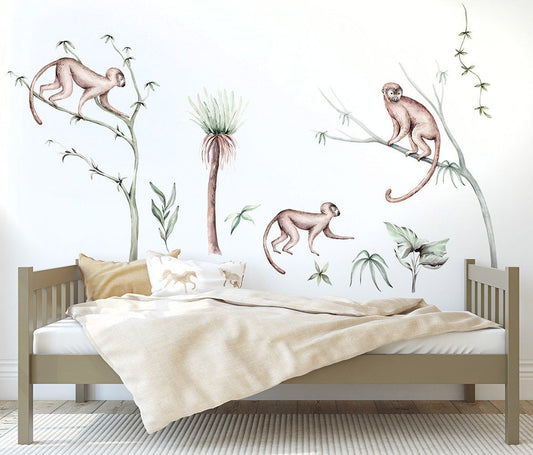 Monkeys Wall Decal, Jungle Wall Decal, Safari Wall Decal, Wall Sticker for Kids Room, Nursery Room Decor, Tropical Safari Sticker