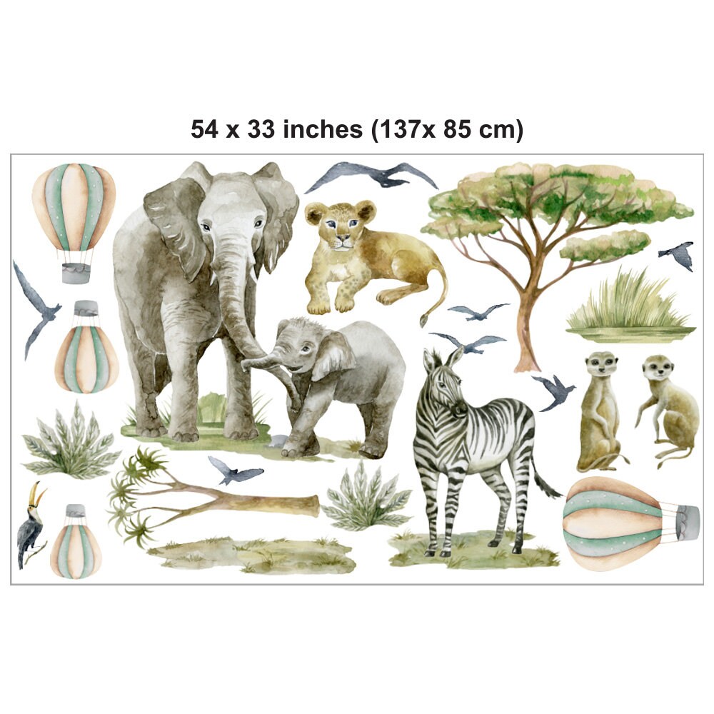 Savana Animals Wall Decal, Jungle Animals Wall Decal, Watercolor Wall Decal, Elephants, Zebra, Air Balloons Wall Decal, African Animals