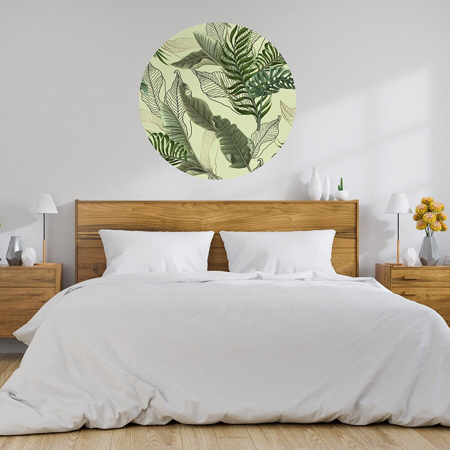 Circle Wall Decal, Circle Wall Sticker, Tropical Leaves Wall Decal, Green Leaf Abstract Wall Decal, Home Styling Wall  Art, Lines Wall Art