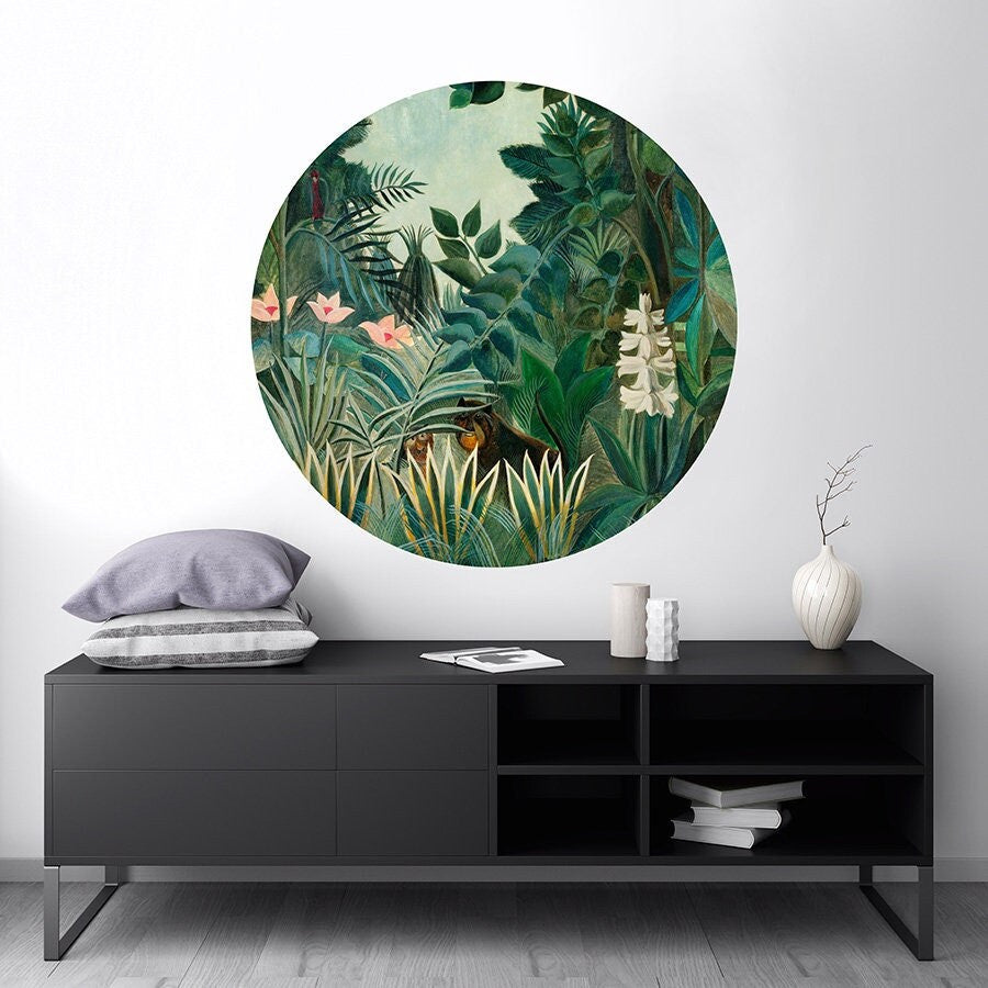 Sticker mural cercle, autocollant mural cercle, art mural peinture Henri Rousseau, sticker mural nature jungle tropicale, sticker mural dessin vintage