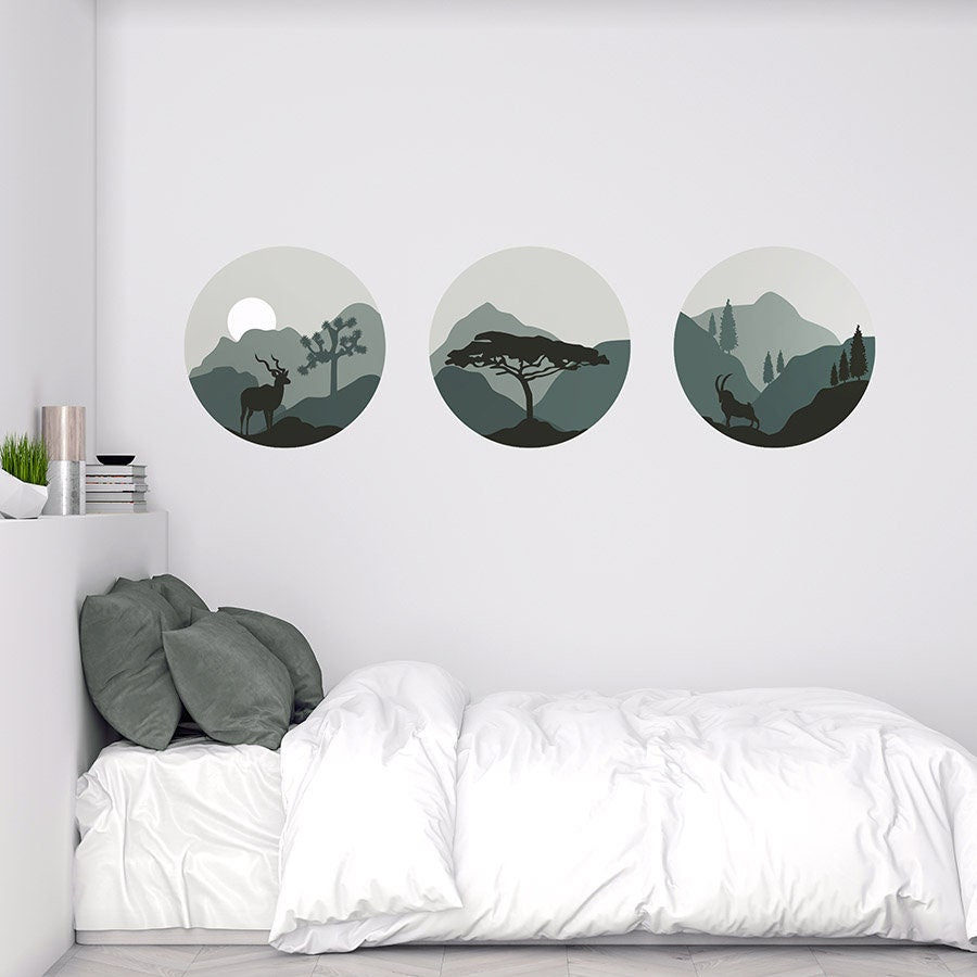 Circles Wall Decal, Sphere Posters, Modern Shapes Wall Sticker, Abstract Wall Decal, Mountains View Room Decor, Animals Silhouette Wall