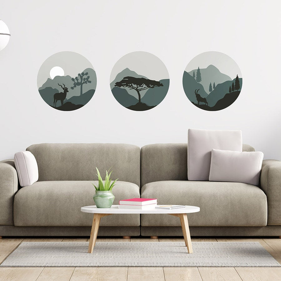 Circles Wall Decal, Sphere Posters, Modern Shapes Wall Sticker, Abstract Wall Decal, Mountains View Room Decor, Animals Silhouette Wall