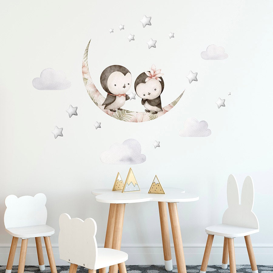 Penguins Wall Decal, Moon and Stars Wall Decal, Clouds Wall Decal, Penguins Wall Sticker, Watercolor Wallsticker for Kids Room Nursery