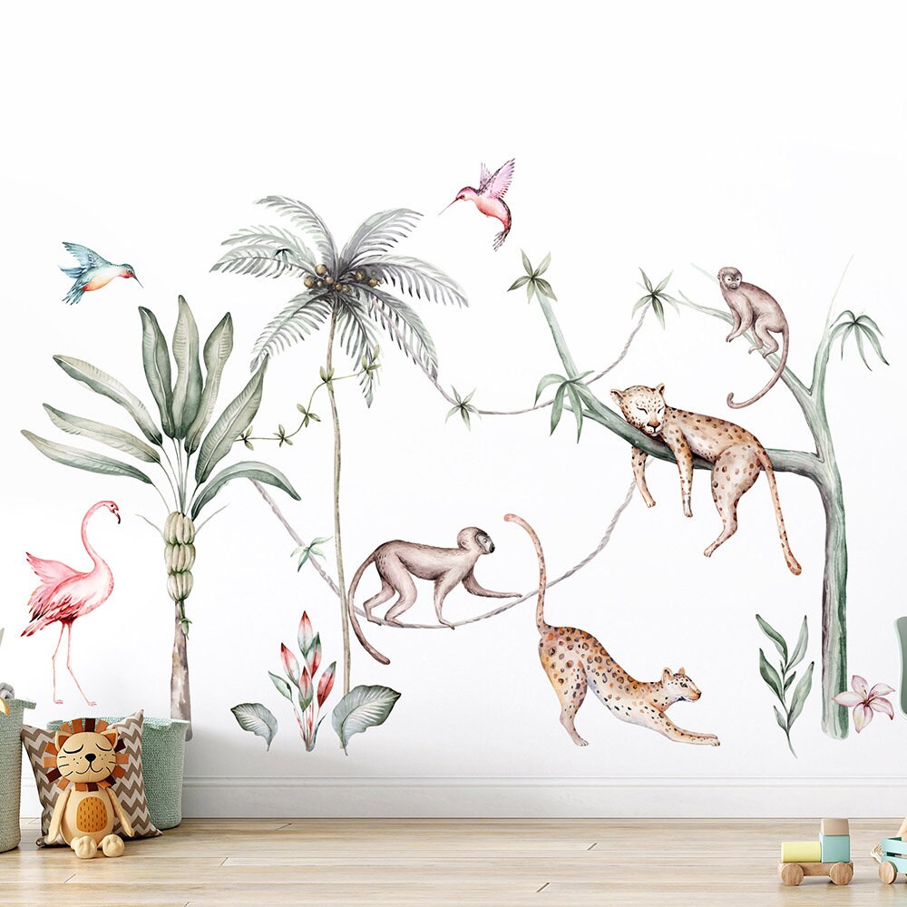 Tropical Animals Wall Decal, Jungle Animals Wall Decal, Safari Animals Wall Decal, Exotic Savana Animals Watercolor Kids Room Nursery Decor