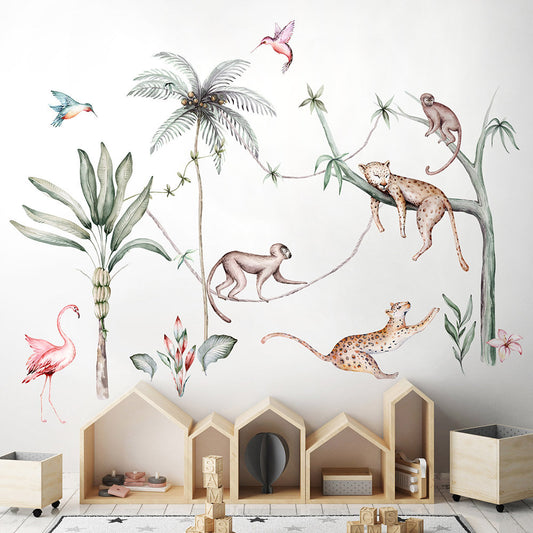 Autocollant mural animaux tropicaux, autocollant mural animaux de la jungle, autocollant mural animaux de safari, animaux exotiques de la savane aquarelle décoration de chambre d'enfant